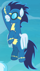 Size: 784x1385 | Tagged: safe, derpibooru import, soarin', pegasus, pony, spoiler:s08, clothes, intro, salute, smiling, theme song, uniform, wonderbolts uniform