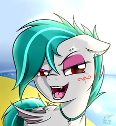 Size: 2500x2703 | Tagged: safe, artist:azerta56, derpibooru import, oc, oc only, bat pony, bat pony oc, beach, collar, female, lipstick, makeup, open mouth, solo, tattoo