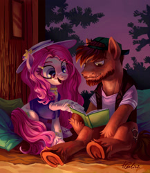 Size: 2362x2716 | Tagged: safe, artist:holivi, derpibooru import, oc, oc only, pony, beard, book, clothes, commission, dress, facial hair, glasses, hat, sitting, underhoof