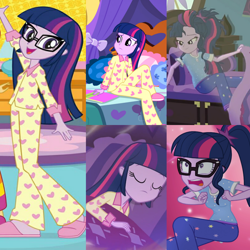 Size: 2048x2048 | Tagged: safe, derpibooru import, sci-twi, twilight sparkle, better together, eqg summertime shorts, equestria girls, forgotten friendship, legend of everfree, monday blues, clothes, comparison, footed sleeper, glasses, loose hair, open mouth, pajamas, perdita finn, sleepover, slippers, smiling, twilight's sparkly sleepover surprise, waving