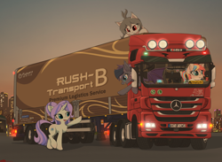 Size: 3320x2436 | Tagged: safe, artist:orang111, derpibooru import, oc, oc only, oc:chicory, oc:lai chi, oc:violet rose, bat pony, unicorn, acrylic painting, city, detailed, lights, mercedes-benz, mercedes-benz actros, rush b, semi truck, trailer