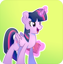 Size: 1505x1510 | Tagged: safe, artist:atomic8497, derpibooru import, twilight sparkle, twilight sparkle (alicorn), alicorn, pony, book, green background, happy, magic, simple background, solo