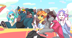 Size: 3400x1828 | Tagged: safe, artist:seamaggie, derpibooru import, oc, oc only, earth pony, pegasus, semi-anthro, unicorn, car, cigarette, clothes, cloud, female, food, mare, motorcycle, one eye closed, open mouth, popsicle, sky, smoking, wink