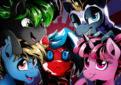 Size: 3507x2480 | Tagged: safe, artist:dormin-dim, derpibooru import, oc, oc only, oc:aliax smily, oc:chip megabyte, oc:moonsaber, oc:o-5, oc:ruby sparkler, oc:serena, bat pony, pony, robot, robot pony, armor, collar