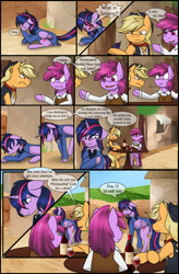 Size: 1280x1947 | Tagged: safe, artist:stuflox, derpibooru import, applejack, applejack (male), berry punch, berryshine, dusk shine, twilight sparkle, twilight sparkle (alicorn), alicorn, earth pony, pony, comic:the count of monte rainbow, caderousse, clothes, comic, danglajacks, danglars, dialogue, mondego, monsparkle, rule 63, suit, the count of monte cristo, the count of monte rainbow