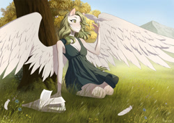 Size: 1280x905 | Tagged: safe, artist:glorious-rarien, derpibooru import, oc, oc only, anthro, bird, dove, pegasus, anthro oc, book, breasts, cleavage, clothes, dress, feather, female, mare, mountain, scenery, smiling, solo, spread wings, tree, wind, wings