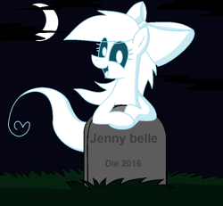 Size: 854x788 | Tagged: safe, artist:pencil bolt, derpibooru import, oc, oc only, oc:jenny belle, ghost, ghost pony, pony, black, female, graves, gravestone, knot, moon, smiling, spirit, theponyfuture