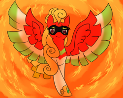 Size: 1280x1024 | Tagged: safe, artist:solratic, derpibooru import, oc, oc only, oc:ho-oh, pegasus, pony, eyeshadow, female, fire, ho-oh, lidded eyes, looking at you, makeup, mare, pokémon, poképony, smiling, solo, spread wings, wings