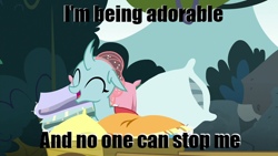 Size: 1280x720 | Tagged: safe, derpibooru import, edit, edited screencap, screencap, ocellus, changedling, changeling, school daze, cute, diaocelles, exploitable meme, meme, pillow, smiling, solo, text