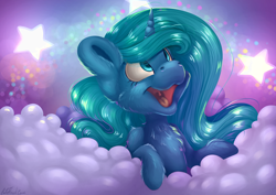 Size: 7016x4961 | Tagged: safe, artist:cutepencilcase, derpibooru import, oc, oc only, unicorn, absurd resolution, cloud, excited, open mouth, solo, stars