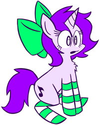 Size: 3000x3738 | Tagged: safe, artist:doodlegamertj, derpibooru import, oc, oc only, oc:mable syrup, unicorn, blind, bow, clothes, simple background, sitting, socks, solo, striped socks, transparent background