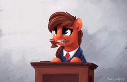Size: 2305x1492 | Tagged: safe, artist:lollipony, artist:thefloatingtree, derpibooru import, oc, oc only, pony, collaboration, abstract background, clothes, courtroom, female, gavel, judge, mare, mouth hold, necktie, scared, solo, suit