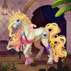 Size: 2475x2500 | Tagged: safe, artist:sitaart, derpibooru import, oc, oc only, oc:blue haze, pony, unicorn, bard, blonde, blonde mane, blonde tail, blue eyes, city, clothes, complex background, dungeons and dragons, ear piercing, earring, fantasy class, feather, female, hoers, jewelry, lantern, mare, pathfinder, pen and paper rpg, piercing, plant, ponyfinder, raised hoof, rpg, slave, solo, tree, unshorn fetlocks, vase, white fur