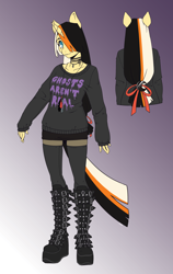 Size: 1616x2550 | Tagged: safe, artist:krowzivitch, derpibooru import, oc, oc only, oc:golden age, anthro, anthro oc, boots, clothes, goth, gradient background, hairtie, jewelry, reference sheet, shoes, socks, solo, sweater