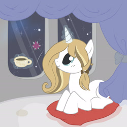 Size: 2362x2362 | Tagged: safe, artist:claudiaqh, derpibooru import, oc, oc only, oc:claudia, pony, unicorn, braid, coffee, coffee cup, cup, cutie mark, female, levitation, magic, mare, night, night sky, pillow, sky, smiling, solo, starry night, telekinesis, twilight's cutie mark, window