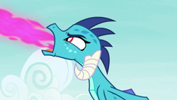 Size: 1280x720 | Tagged: safe, derpibooru import, screencap, princess ember, dragon, triple threat, dragoness, dragonfire, eyes closed, female, fire, fire breath, flying, frown, glare, open mouth, pink fire, solo, spread wings, wings