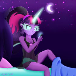 Size: 2000x2000 | Tagged: safe, artist:xethshade, derpibooru import, midnight sparkle, sci-twi, twilight sparkle, equestria girls, bed, blanket, clothes, crescent moon, curious, female, moon, night, pillow, solo, stars