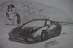 Size: 1936x1296 | Tagged: safe, artist:ricky47, derpibooru import, twilight sparkle, pony, unicorn, car, crossover, female, hypercar, lamborghini, lamborghini sesto elemento, monochrome, need for speed, need for speed: hot pursuit, police, police car, police officer, sketch, solo, supercar, traditional art