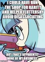 Size: 309x425 | Tagged: safe, derpibooru import, idw, coco pommel, earth pony, pony, fake it 'til you make it, bomb ass tea, caption, drinking, female, image macro, lapping, mare, meme, op is wrong, solo, tongue out