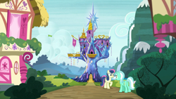 Size: 1920x1080 | Tagged: safe, derpibooru import, screencap, bon bon, lyra heartstrings, sweetie drops, bird, shadow play, bush, cloud, flag, happy, hill, house, looking at each other, mountain, ponyville, raised hoof, road, scenery, smiling, twilight's castle, waterfall