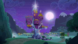 Size: 1920x1080 | Tagged: safe, derpibooru import, screencap, to where and back again, bush, cloud, flag, hill, house, moon, mountain, night, no pony, ponyville, ponyville town hall, river, road, scenery, stars, tent, tree, trixie's wagon, twilight's castle, waterfall