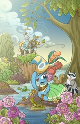 Size: 807x1257 | Tagged: safe, artist:brendahickey, derpibooru import, idw, meadowbrook, rockhoof, bird, earth pony, frog, pony, rabbit, raccoon, squirrel, turtle, legends of magic, spoiler:comic, spoiler:comiclom8, animal, cover, female, flower, healer's mask, male, mare, mask, meadowcute, meadowsass, official comic, pond, rockhoof's shovel, rose, speech bubble, stallion, tree