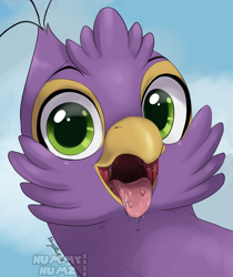 Size: 2022x2403 | Tagged: safe, artist:nummynumz, derpibooru import, oc, oc:gyro feather, oc:gyro tech, griffon, beak, bust, drool, griffonized, mawshot, open mouth, portrait, species swap, tongue out