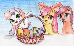 Size: 3016x1889 | Tagged: safe, artist:40kponyguy, derpibooru exclusive, derpibooru import, apple bloom, scootaloo, sweetie belle, earth pony, pegasus, pony, unicorn, basket, bow, cutie mark crusaders, ear fluff, easter, easter basket, egg, female, filly, hair bow, holiday, looking at you, open mouth, traditional art, underhoof