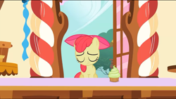 Size: 1360x768 | Tagged: safe, derpibooru import, screencap, apple bloom, the cutie pox, depressed, eyes closed, sad, solo, sugarcube corner