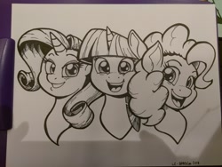 Size: 2080x1560 | Tagged: safe, artist:latecustomer, derpibooru import, pinkie pie, rarity, twilight sparkle, earth pony, pony, unicorn, bust, female, looking at you, mare, smiling, traditional art, trio