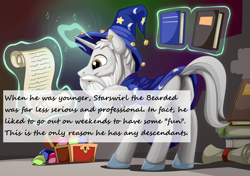 Size: 2268x1600 | Tagged: safe, artist:mysticalpha, derpibooru import, star swirl the bearded, pony, unicorn, book, chest, gem, headcanon, innuendo, magic, male, scroll, solo, stallion