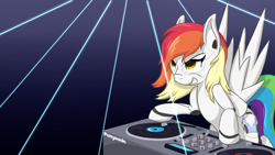 Size: 1280x720 | Tagged: safe, artist:phoenixswift, derpibooru import, oc, oc:tei, cyborg, pegasus, pony, mixing console, rainbow hair, record, turntable