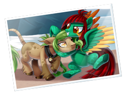 Size: 1600x1183 | Tagged: safe, artist:centchi, derpibooru import, oc, oc only, oc:petrichor, oc:slipstream, earth pony, pegasus, pony, bell, bell collar, collar, colored wings, female, mare, multicolored wings, noogie, simple background, transparent background, unshorn fetlocks, watermark