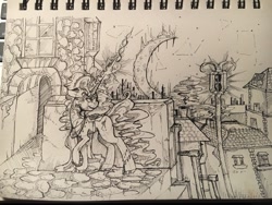 Size: 1280x960 | Tagged: safe, artist:beardie, derpibooru import, oc, unicorn, building, ink, lightpole, monochrome, moon, stairs, town, traditional art, window