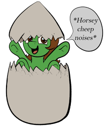 Size: 889x1022 | Tagged: safe, artist:chrisgotjar, derpibooru import, oc, oc only, oc:chrisgotjar, descriptive noise, dialogue, egg, flat colors, hatching, simple background, solo, speech bubble, transparent background, underhoof