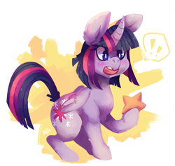 Size: 780x740 | Tagged: safe, artist:kipaki, derpibooru import, twilight sparkle, twilight sparkle (alicorn), alicorn, pony, alternate hairstyle, female, folded wings, hoof hold, looking at something, mare, open mouth, pictogram, solo, stars