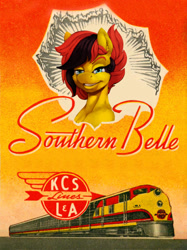 Size: 897x1200 | Tagged: safe, artist:eztp, derpibooru import, oc, oc:southern belle, advertisement, female, kansas city, kansas city southern, poster, solo, southern belle, train