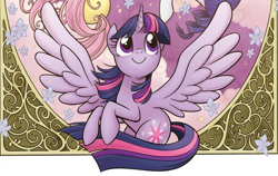 Size: 634x401 | Tagged: safe, artist:brendahickey, derpibooru import, edit, twilight sparkle, twilight sparkle (alicorn), alicorn, pony, cropped, cute, female, mare, smiling, solo, spread wings, traditional art, twiabetes, wings