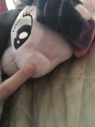 Size: 3024x4032 | Tagged: safe, artist:rubydeluxe, derpibooru import, twilight sparkle, twilight sparkle (alicorn), alicorn, human, bed, blanket, boop, cute, finger, horn, irl, irl human, photo, pillow, plushie