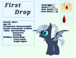 Size: 1816x1384 | Tagged: safe, artist:fimbulvinter, derpibooru import, oc, oc only, oc:first drop, bat pony, bat pony oc, fangs, reference sheet, solo