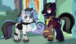 Size: 2356x1380 | Tagged: safe, artist:thecreativeenigma, derpibooru import, oc, oc only, oc:navy nirvana, oc:sugar skull (angelofthewisp), earth pony, pony, unicorn, choker, clothes, fangs, female, male, mare, saddle bag, stallion