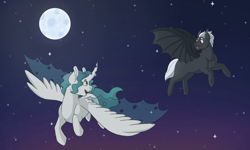 Size: 1500x900 | Tagged: safe, artist:shortcake1284, derpibooru import, oc, oc only, oc:prince solaris, oc:solaris, oc:tobias, changepony, pony, flying, magical lesbian spawn, male, night, offspring, parent:princess celestia, parent:queen chrysalis, parents:chryslestia, stallion