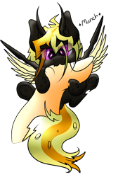 Size: 1188x1769 | Tagged: artist needed, source needed, safe, derpibooru import, oc, oc only, oc:armord tempest, changeling, electric changeling, munching, simple background, solo, tiny, transparent background, yellow changeling
