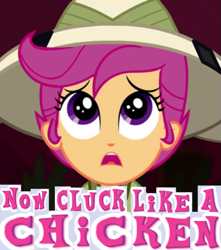 Size: 745x844 | Tagged: safe, derpibooru import, edit, edited screencap, screencap, scootaloo, eqg summertime shorts, equestria girls, the canterlot movie club, caption, cropped, dan green, expand dong, exploitable meme, female, image macro, meme, scootachicken, solo