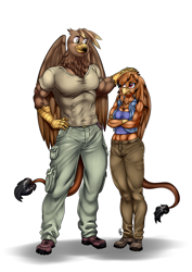 Size: 700x991 | Tagged: safe, artist:pia-sama, derpibooru import, oc, oc only, oc:cliff, oc:maggie, anthro, griffon, plantigrade anthro, anthro oc, boots, clothes, commission, female, male, muscles, pants, shoes, simple background, size difference, smiling, white background