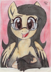 Size: 1024x1439 | Tagged: safe, artist:pollito15, derpibooru import, oc, oc only, oc:jennifer miranda, pegasus, pony, bust, female, glasses, graph paper, lined paper, mare, portrait, solo, traditional art, two toned wings, unshorn fetlocks
