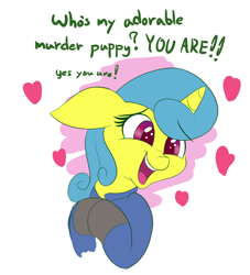 Size: 1000x1100 | Tagged: safe, artist:heir-of-rick, derpibooru import, lemon hearts, pony, unicorn, clothes, cute, dialogue, dogmeat, fallout, fallout 4, female, heart, mare, smiling, solo, vault suit