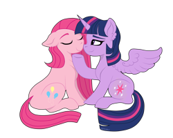 Size: 1280x1024 | Tagged: safe, artist:pinkamenascratch, derpibooru import, pinkie pie, twilight sparkle, twilight sparkle (alicorn), alicorn, earth pony, pony, eyes closed, female, lesbian, pinkamena diane pie, shipping, simple background, transparent background, twinkie