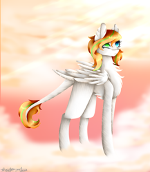 Size: 1000x1152 | Tagged: safe, artist:purediamond360, derpibooru import, oc, oc only, oc:maple leaf, pegasus, pony, chest fluff, cloud, ear fluff, female, heterochromia, leonine tail, mare, signature, solo