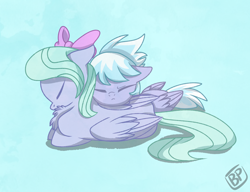 Size: 2600x2000 | Tagged: safe, artist:glitterstar2000, derpibooru import, cloudchaser, flitter, pony, behaving like a cat, chest fluff, cuddling, cute, female, mare, ponyloaf, simple background, sisters, sleeping